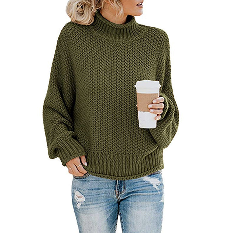 Blusa de Tricô de Gola Alta Casual de Manga Longa Feminina