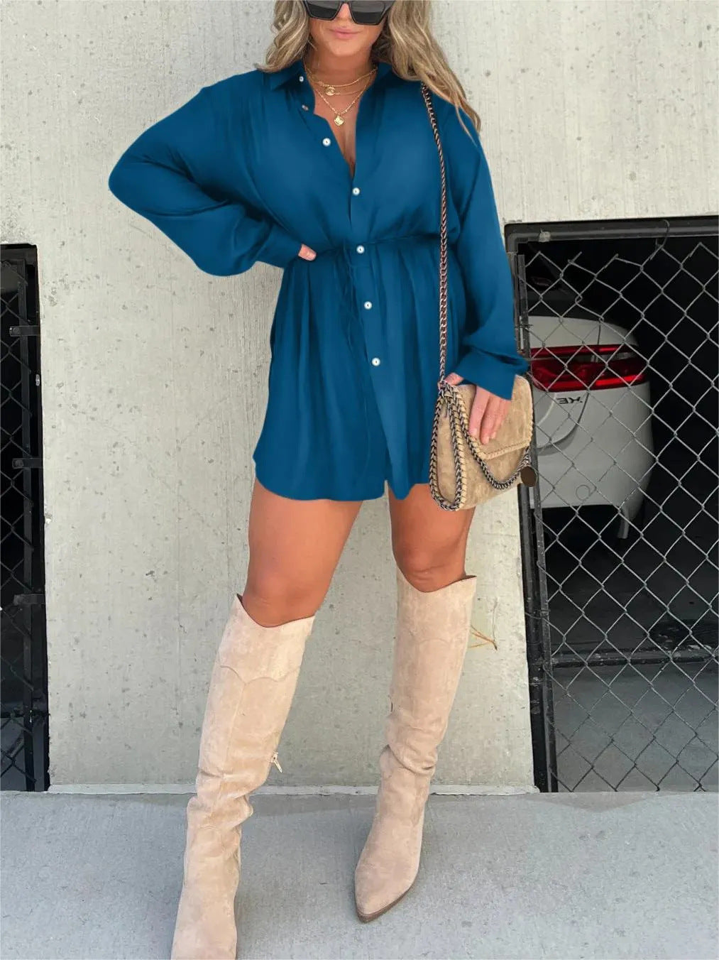 Vestido Camisa Macacão de Manga Longa com Botões Feminino