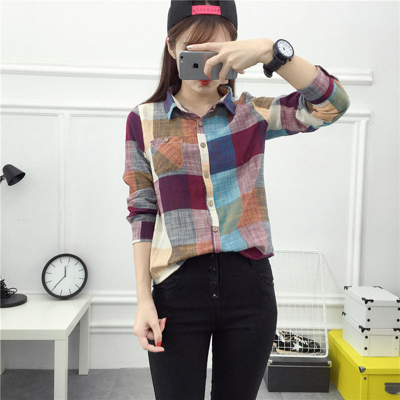 Blusa Kimono Xadrez Vintage de Algodão e Linho de Manga Longa Feminina