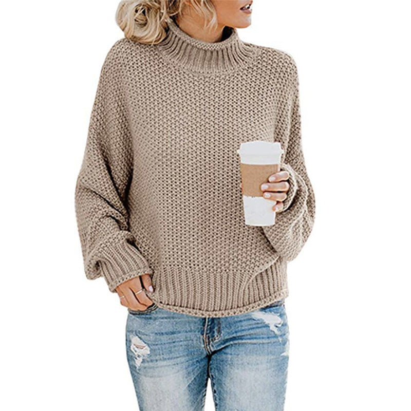 Blusa de Tricô de Gola Alta Casual de Manga Longa Feminina