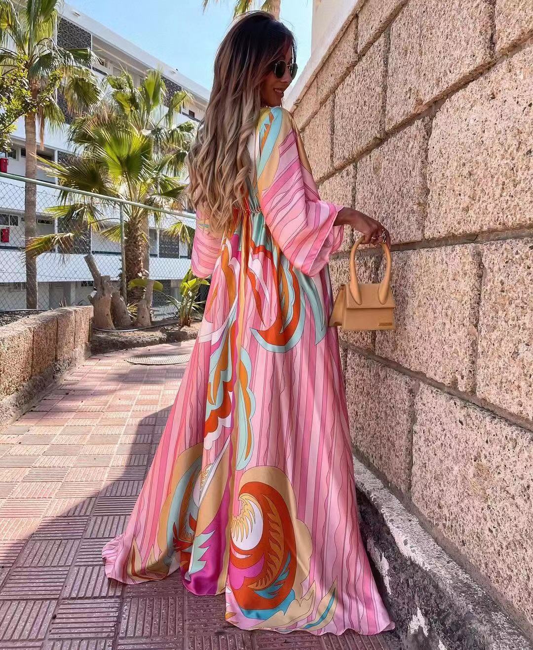 Vestido Longo Estampado de Manga Curta com Decote em V Feminino
