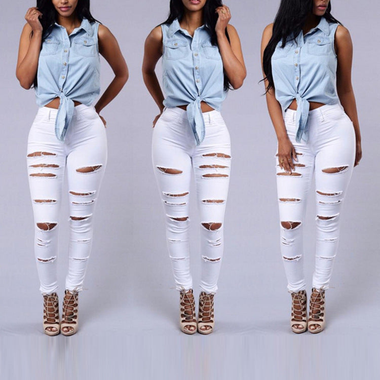 Calça Jeans Skinny Lápis Rasgada de Cintura Alta Casual Feminina de Alta Qualidade