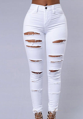 Calça Jeans Skinny Lápis Rasgada de Cintura Alta Casual Feminina de Alta Qualidade