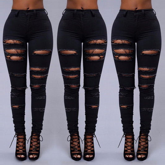 Calça Jeans Skinny Lápis Rasgada de Cintura Alta Casual Feminina de Alta Qualidade