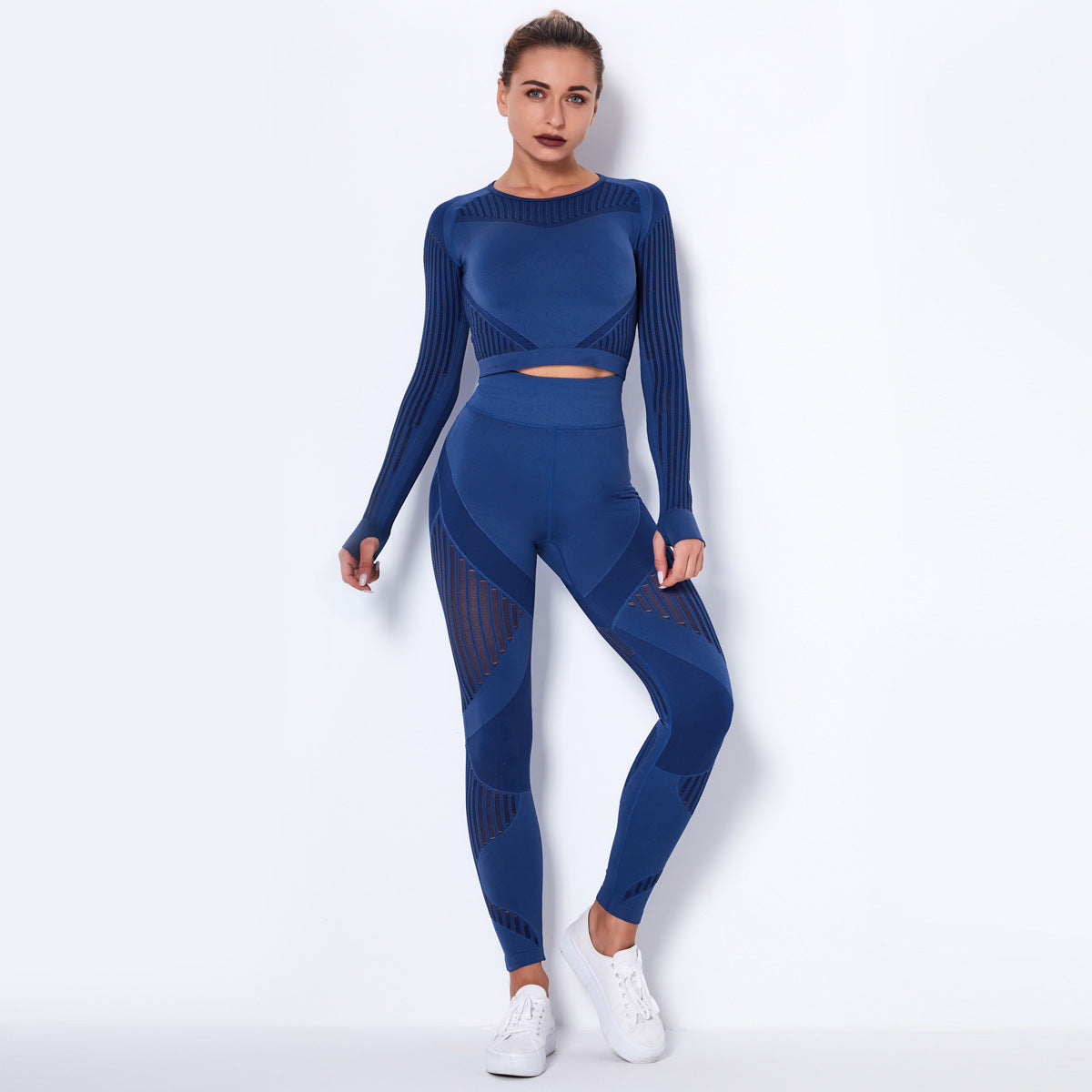 Conjunto de Yoga Sem Costura de Tricô Absorvente de Manga Longa