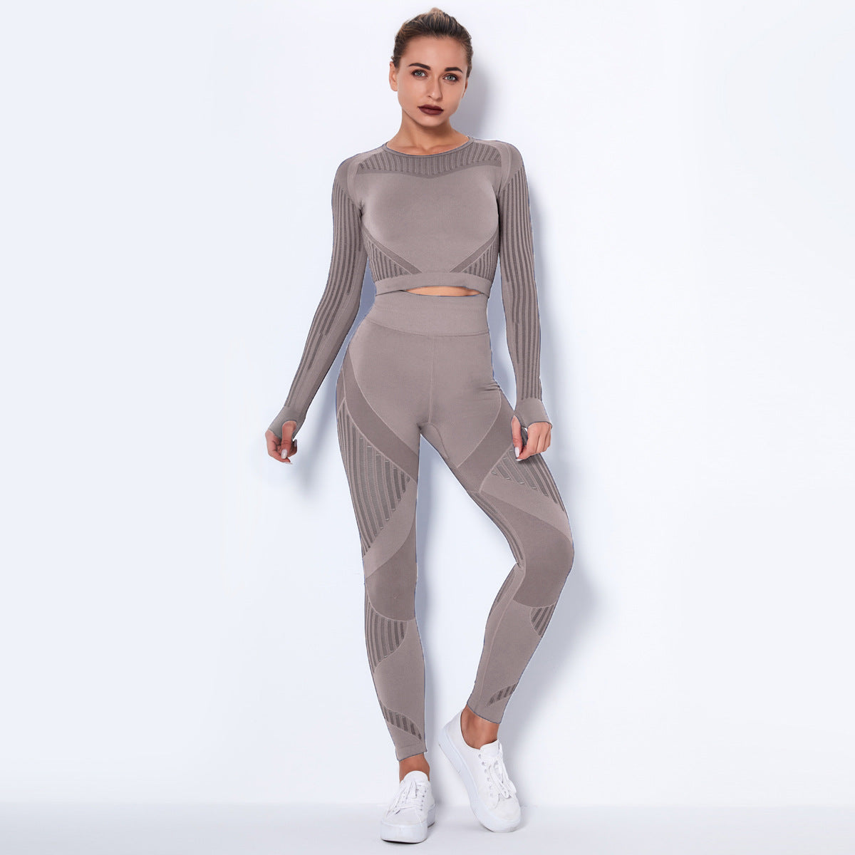 Conjunto de Yoga Sem Costura de Tricô Absorvente de Manga Longa