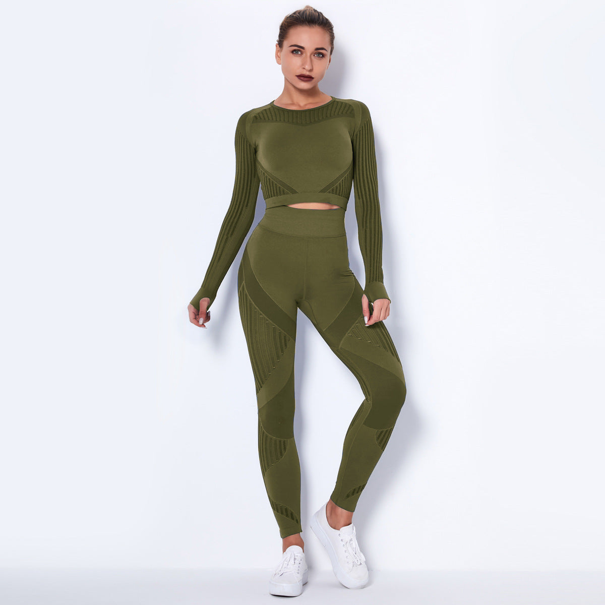 Conjunto de Yoga Sem Costura de Tricô Absorvente de Manga Longa