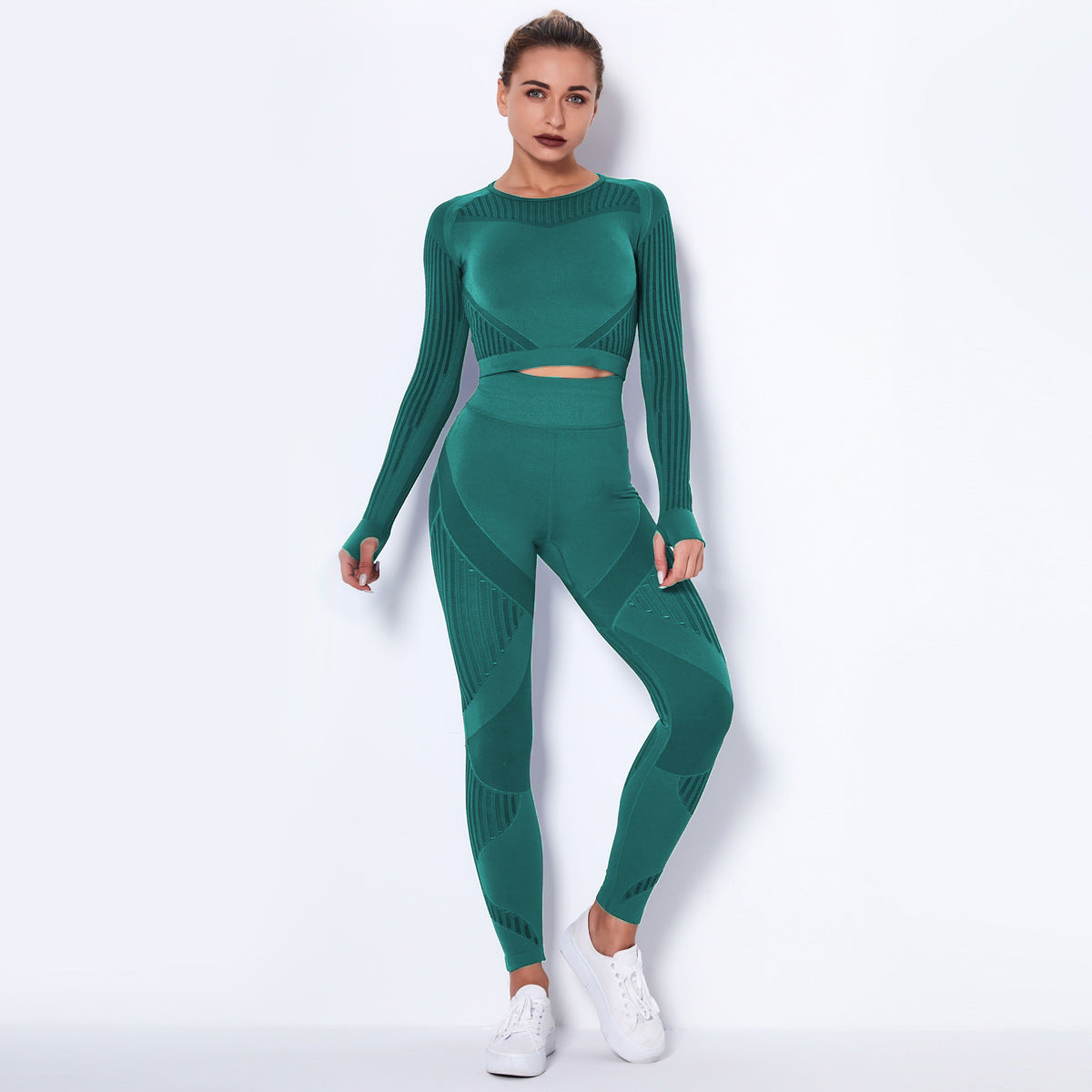 Conjunto de Yoga Sem Costura de Tricô Absorvente de Manga Longa