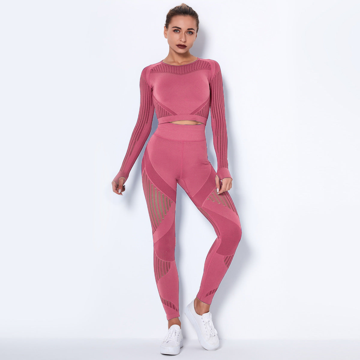 Conjunto de Yoga Sem Costura de Tricô Absorvente de Manga Longa