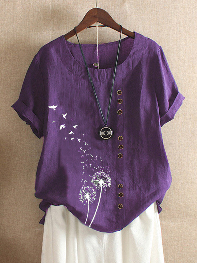 Camiseta Retrô Plus Size de Algodão e Linho Solta de Manga Curta