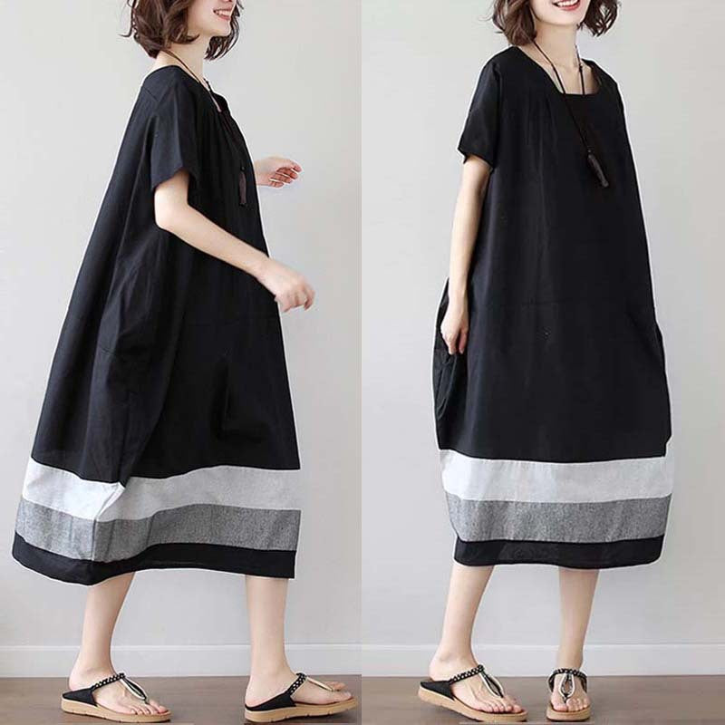 Vestido de Algodão e Linho de Manga Curta Médio Plus Size Feminino