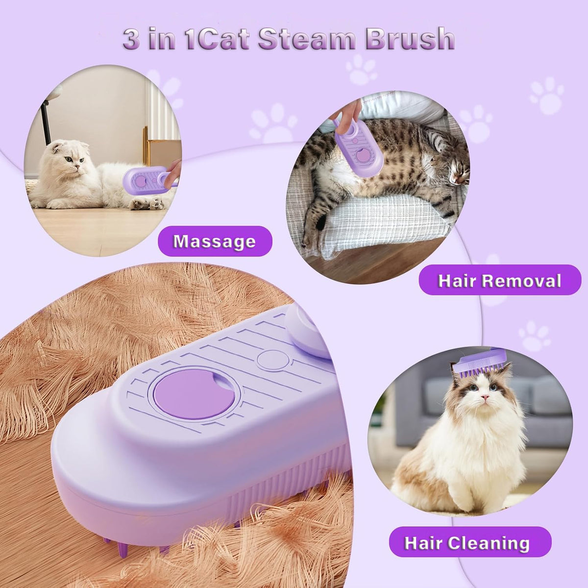 Escova a Vapor 3 em 1 com Cabo Dobrável para Gatos