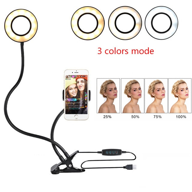 Anel de Luz LED para Selfie e Transmissões, Ajustável, Luz de Maquiagem com Suporte de 8 cm