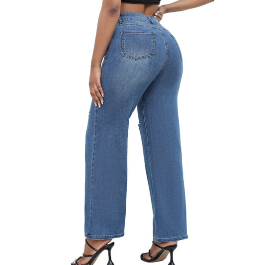 Calça Jeans Pantalona Rasgada Elegante Feminina
