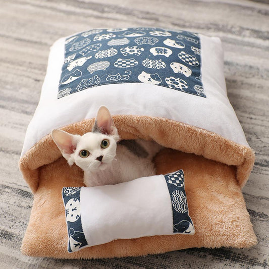 Cama Fechada Quentinha com Edredom Removível e Lavável para Gatos