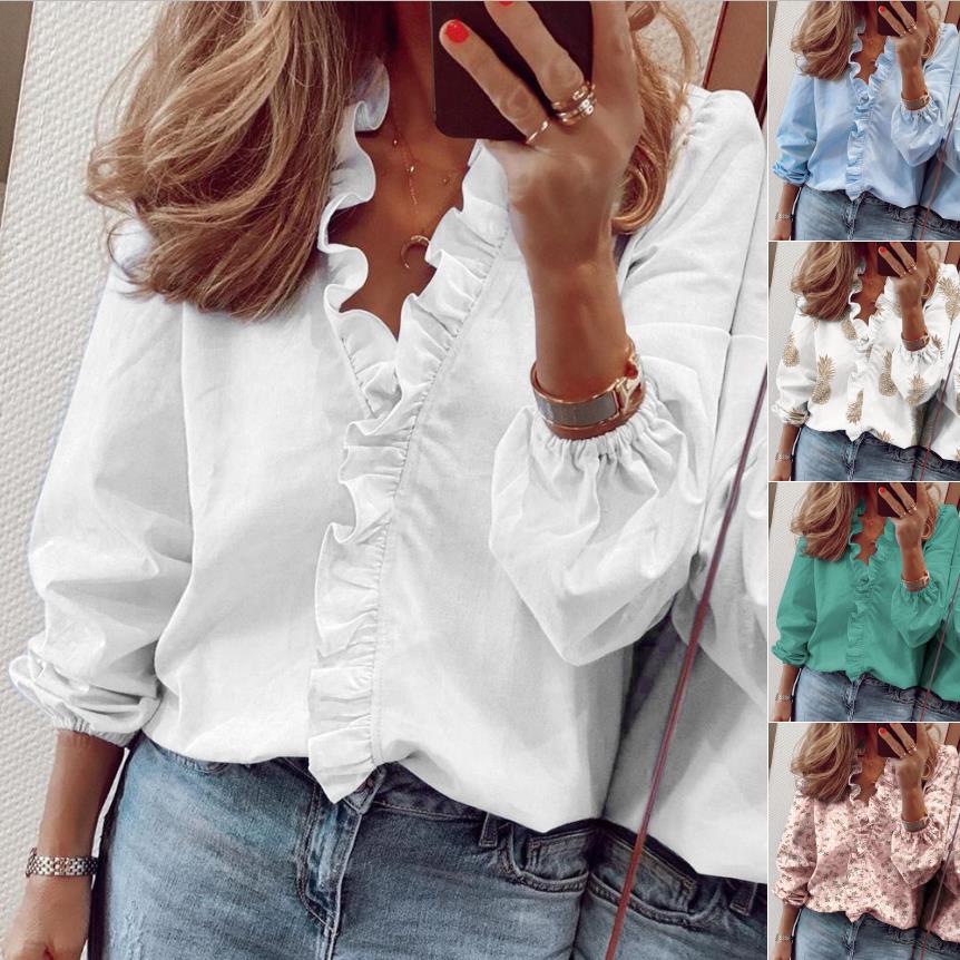 Blusa de Manga Longa com Babados Casual Feminina - Primavera e Verão