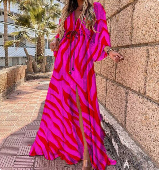 Vestido Longo Estampado de Manga Curta com Decote em V Feminino