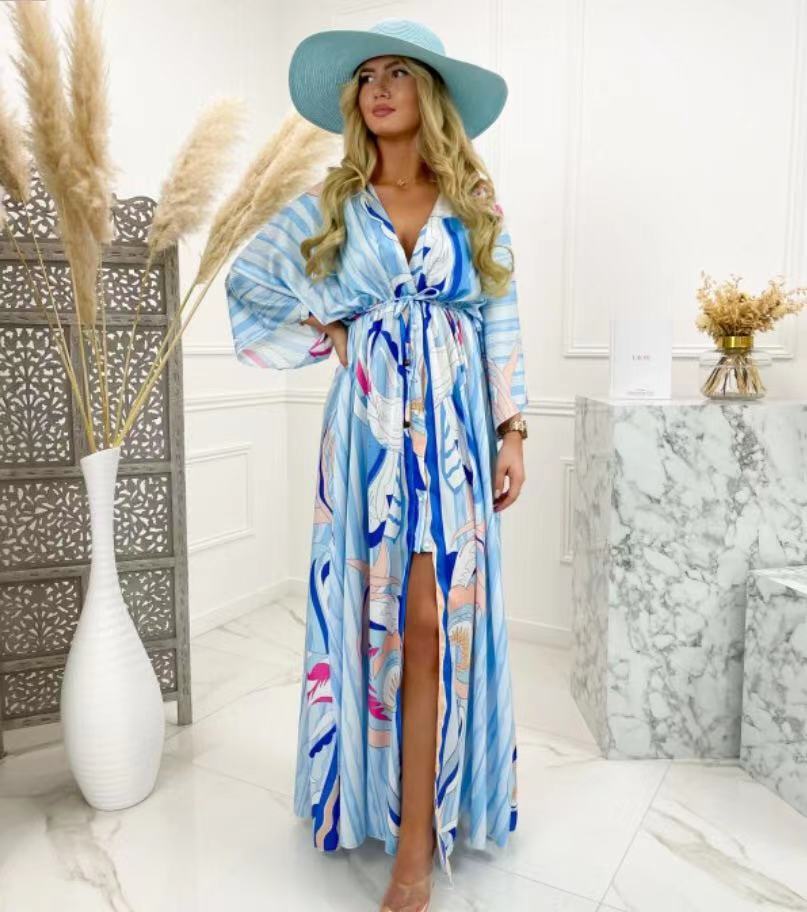 Vestido Longo Estampado de Manga Curta com Decote em V Feminino