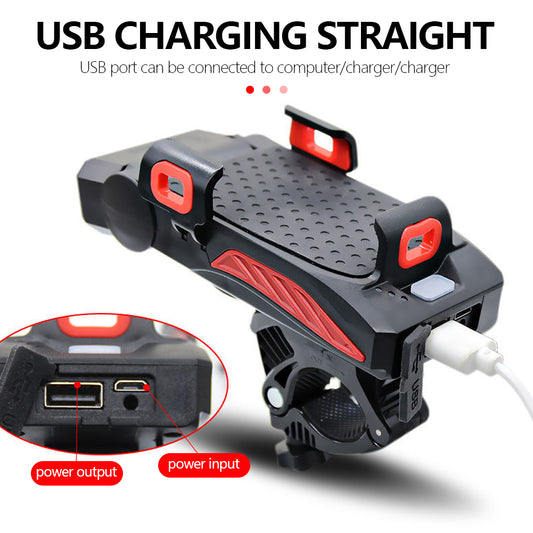 Luz de Bicicleta 4 em 1 com Farol, Suporte de Celular e Power Bank, Equipamento de Ciclismo