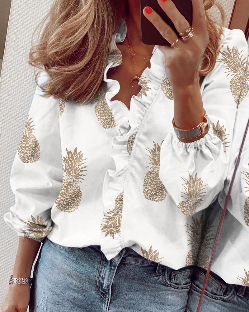 Blusa de Manga Longa com Babados Casual Feminina - Primavera e Verão