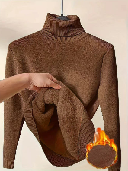 Suéter de Gola Alta com Fleece Grosso e Elegante de Tricô Feminino - Inverno