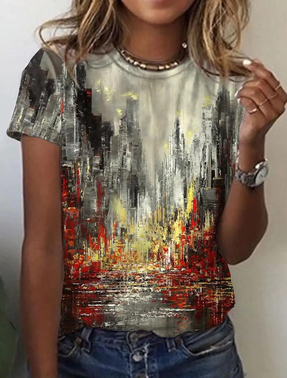 Camiseta de Manga Curta com Estampa Abstrata Retrô Feminina