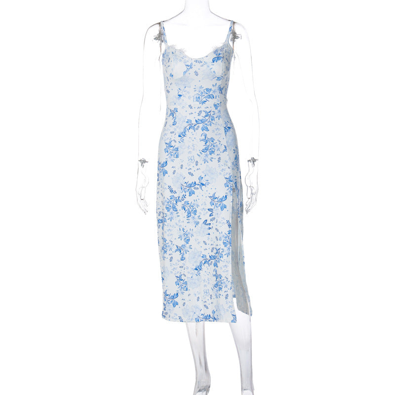 Vestido Longo de Alças com Estampa de Flores de Renda e Fenda Feminino - Verão