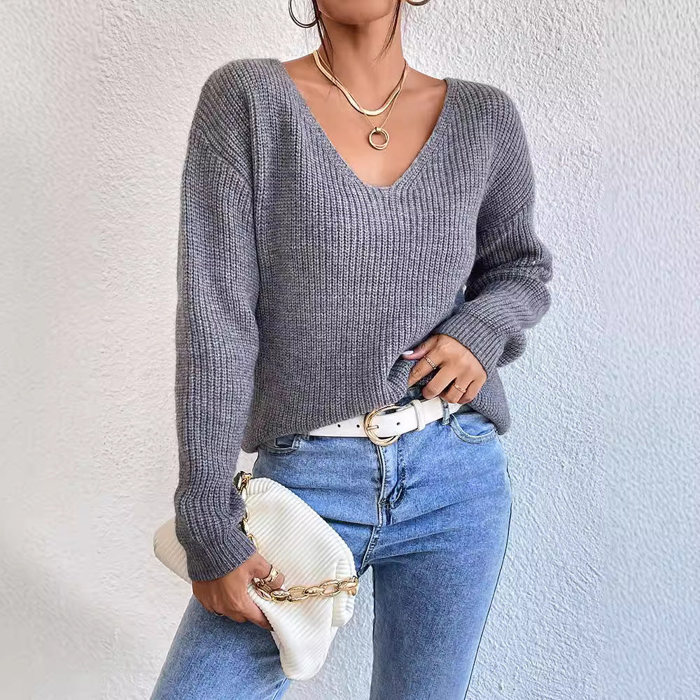 Suéter de Cashmere com Decote em V e Costas Abertas Estilo Y2K Feminino - Inverno