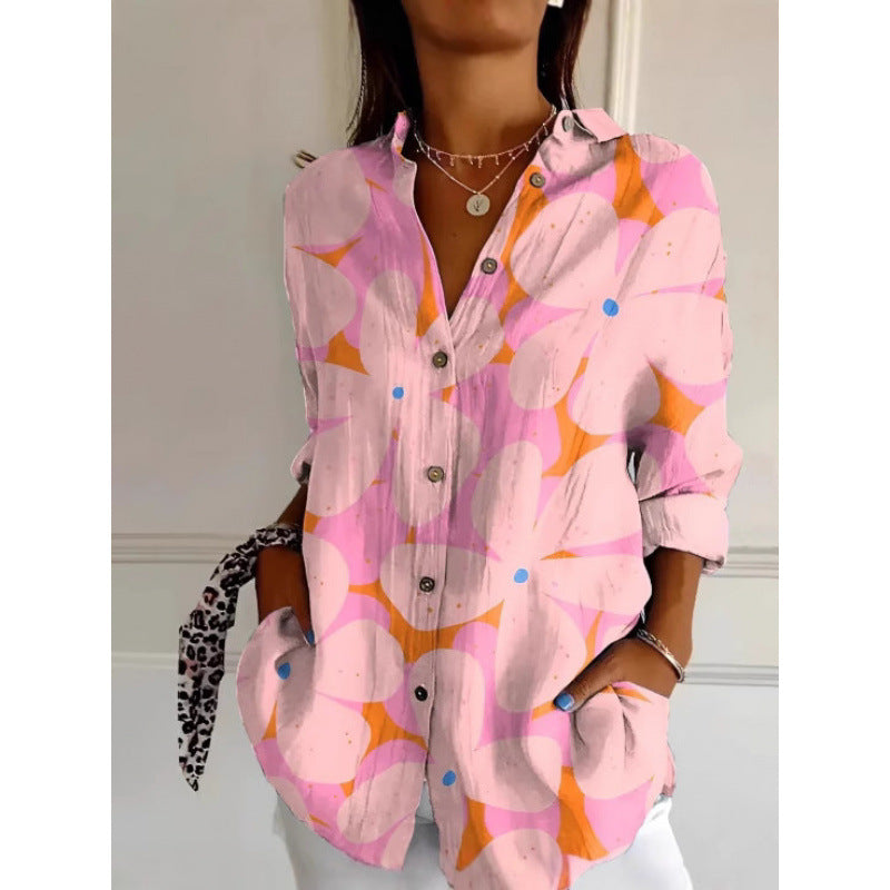 Camisa de Manga Longa Estampada Floral com Botões Feminina