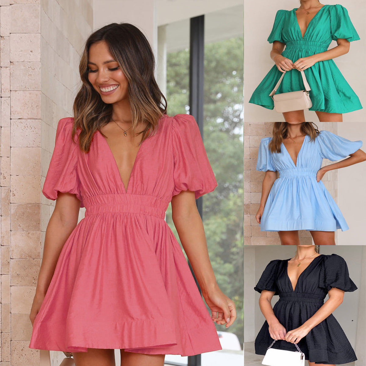Vestido de Manga Lanterna com Decote em V e Marcação de Cintura Feminino