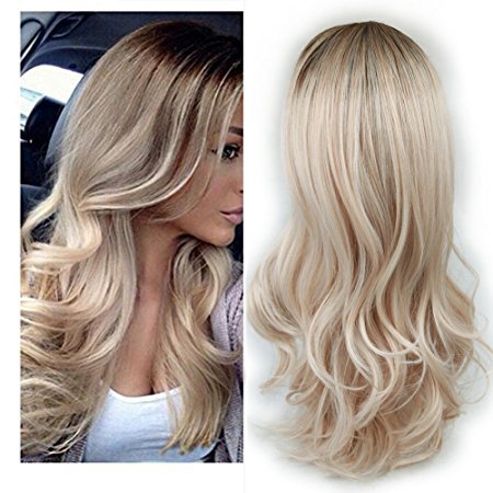 Peruca Europeia e Americana Branca Feminina com Franja Parcial, Cabelo Longo Cacheado Tingido