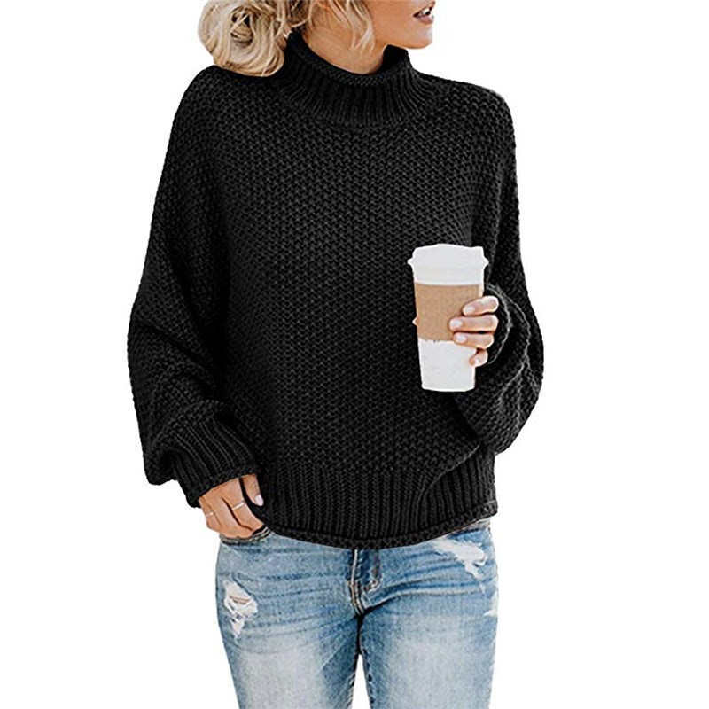 Blusa de Tricô de Gola Alta Casual de Manga Longa Feminina