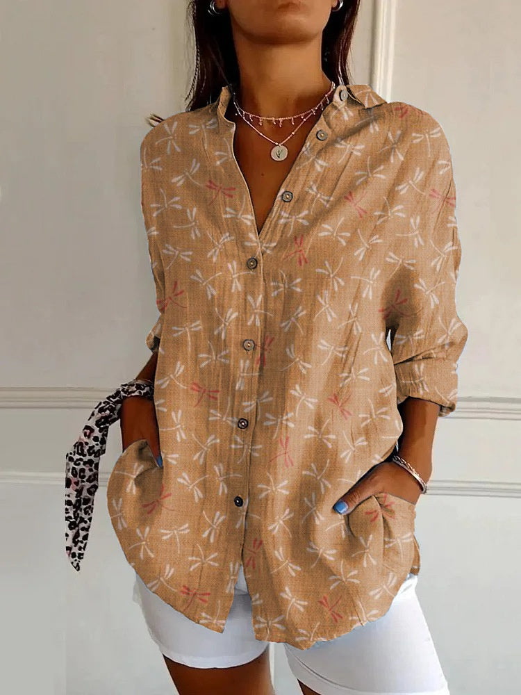 Camisa de Manga Longa Estampada Floral com Botões Feminina