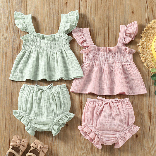 Conjunto Infantil Feminino de Top de Alça e Shorts, Cor Lisa