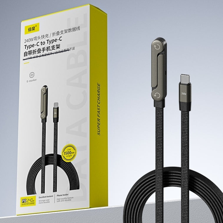 Cabo de Dados de Carregamento Rápido 2 em 1 com Suporte Dobrável para Celular e Tablet, Tipo-C para Tipo-C e USB-A para Tipo-C