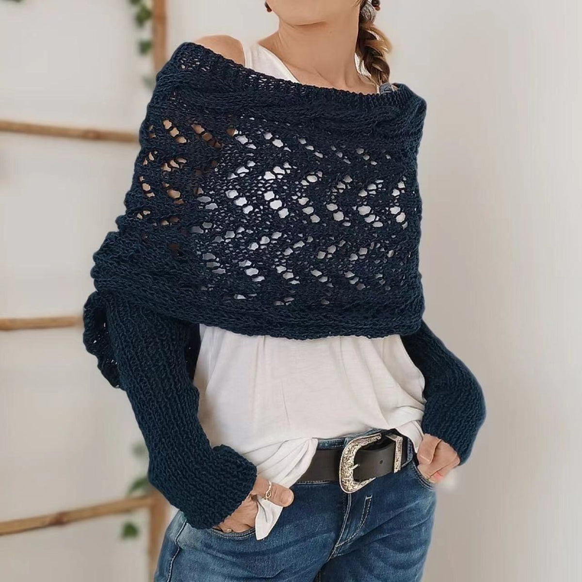 Xale de Tricô Vazado Quentinho Feminino - Outono e Inverno