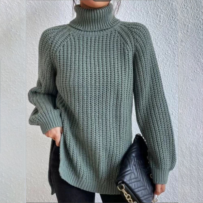 Suéter de Gola Alta com Fenda Liso de Manga Longa Feminino