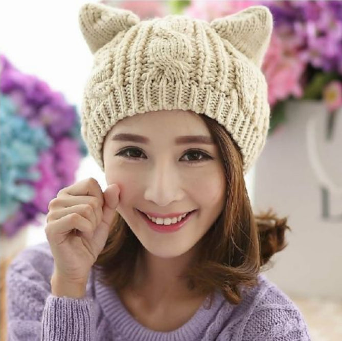 Gorro de Tricô 3D com Orelhas de Gato Artesanal - Inverno