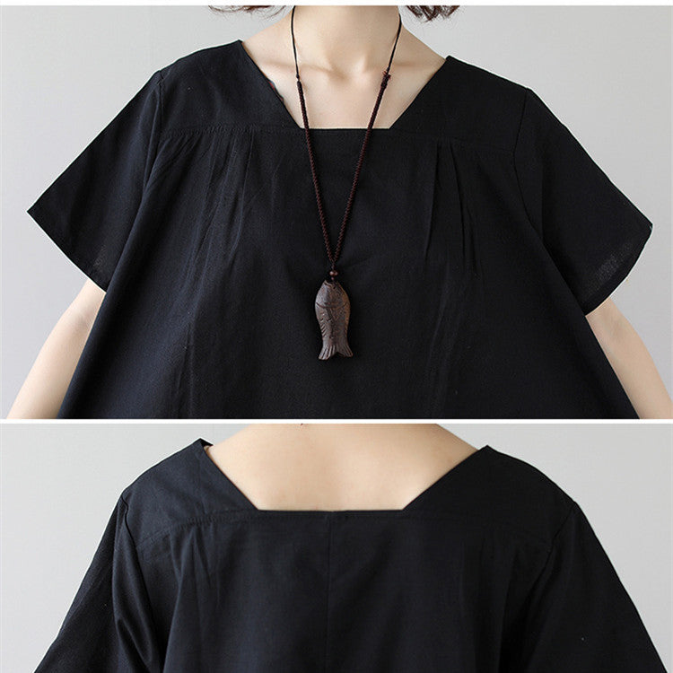 Vestido de Algodão e Linho de Manga Curta Médio Plus Size Feminino