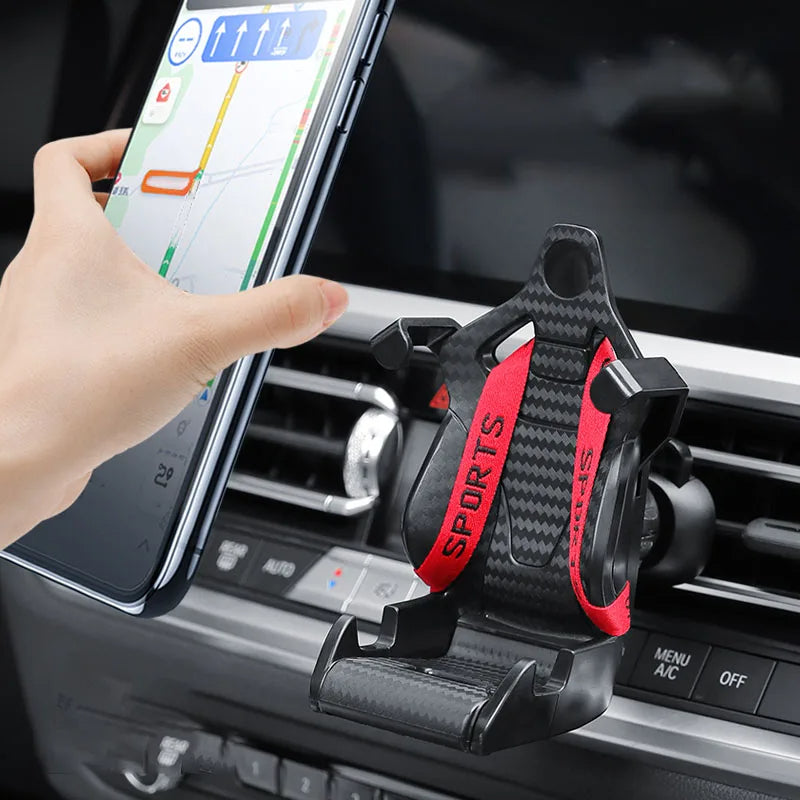 Suporte de Celular para Carro Formato de Banco de Corrida, com Clipe para Saída de Ar e Rotação de 360°, para o Interior do Veículo