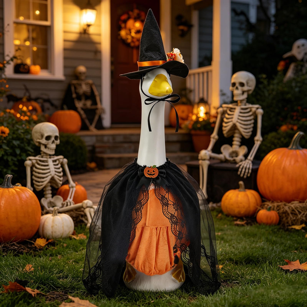 Fantasia de Halloween para Ganso de Jardim - Vestido de Abóbora com Gato Preto e Chapéu de Bruxa
