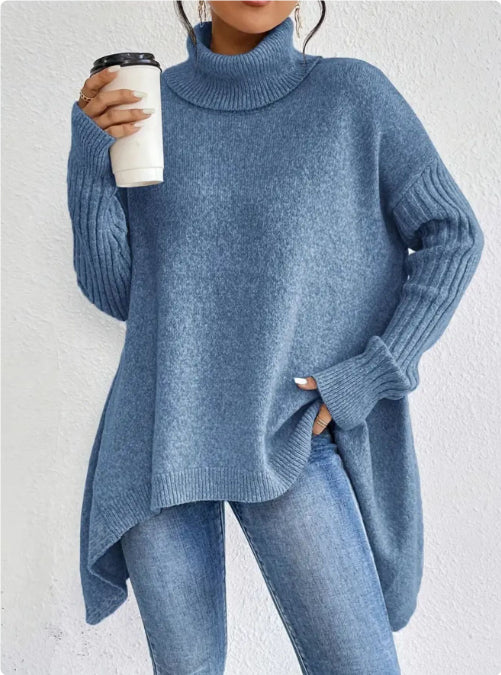 Blusa de Tricô Solta de Gola Alta Irregular e Manga Longa - Inverno