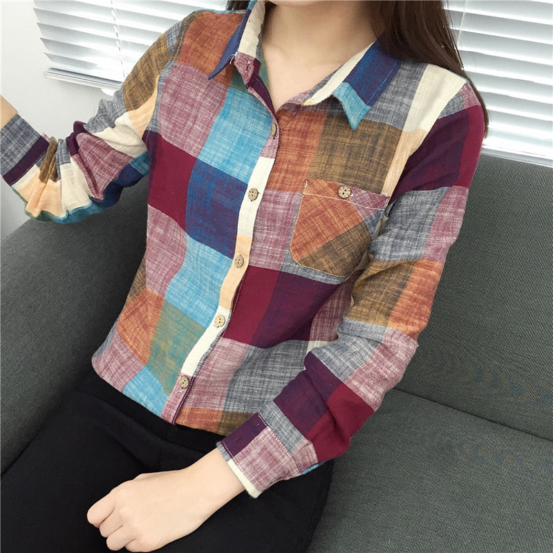 Blusa Kimono Xadrez Vintage de Algodão e Linho de Manga Longa Feminina
