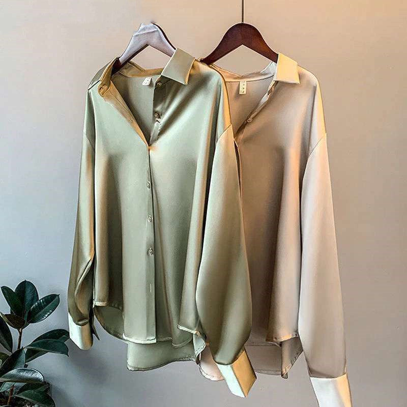 Camisa de Cetim de Manga Longa Feminina