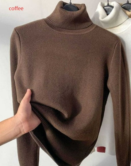 Suéter de Gola Alta com Fleece Grosso e Elegante de Tricô Feminino - Inverno