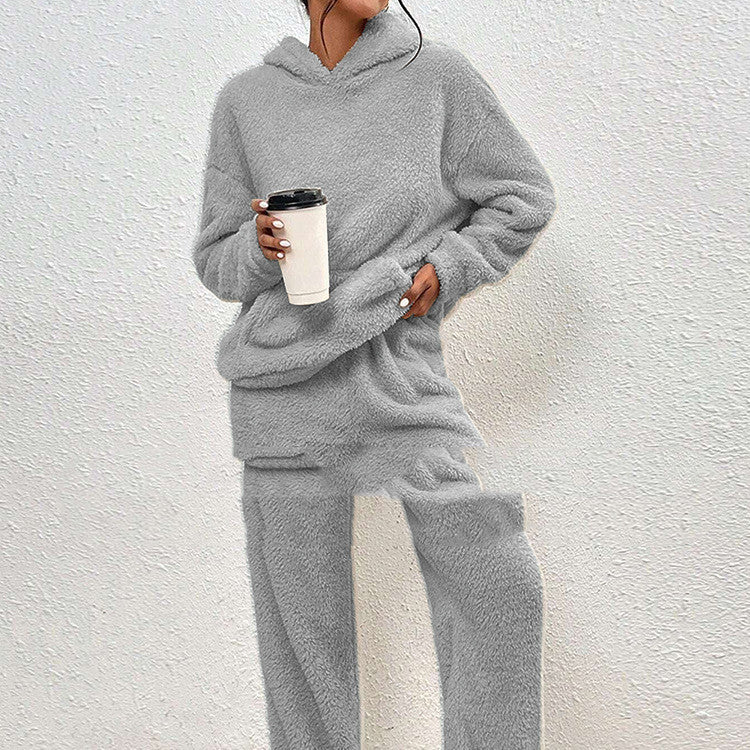 Conjunto Casual com Capuz de Fleece, Manga Longa e Calça com Bolsos