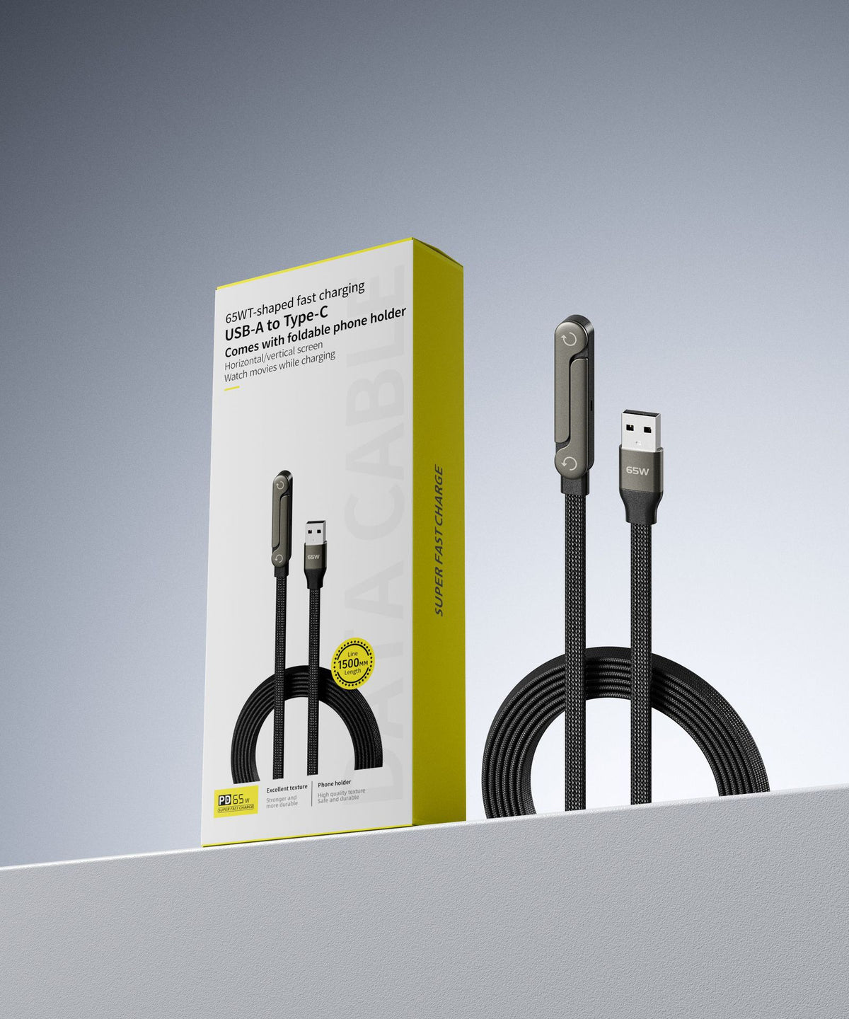 Cabo de Dados de Carregamento Rápido 2 em 1 com Suporte Dobrável para Celular e Tablet, Tipo-C para Tipo-C e USB-A para Tipo-C
