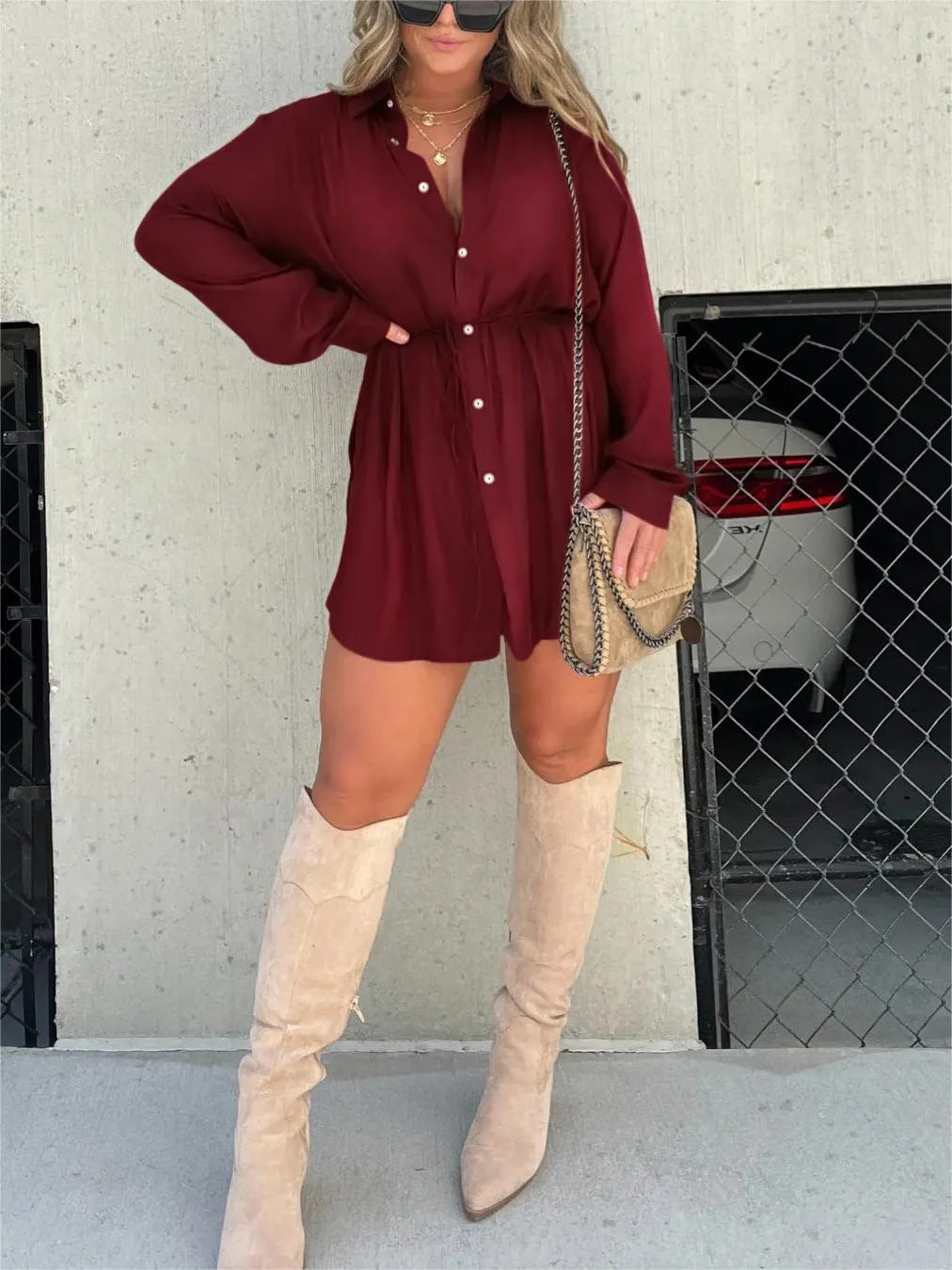 Vestido Camisa Macacão de Manga Longa com Botões Feminino
