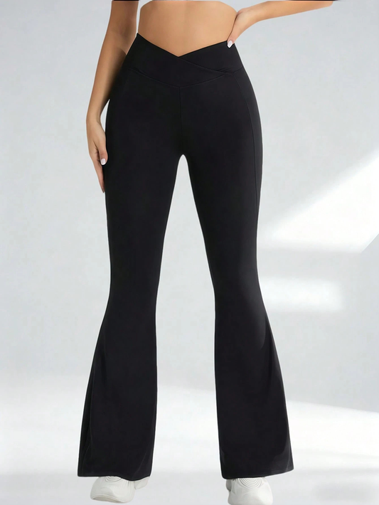 Calça Flare de Yoga de Cintura Alta Cruzada Feminina - Legging Bootcut Macia com Controle de Abdômen