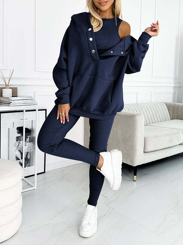 Conjunto Esportivo 3 Peças com Moletom com Capuz Solto, Colete e Calça Slim Feminino